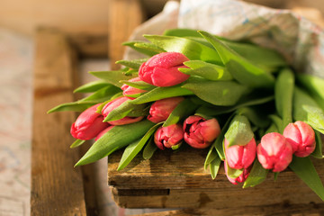 Bouquet of spring red tulips are wooden frames , background paper patterns
