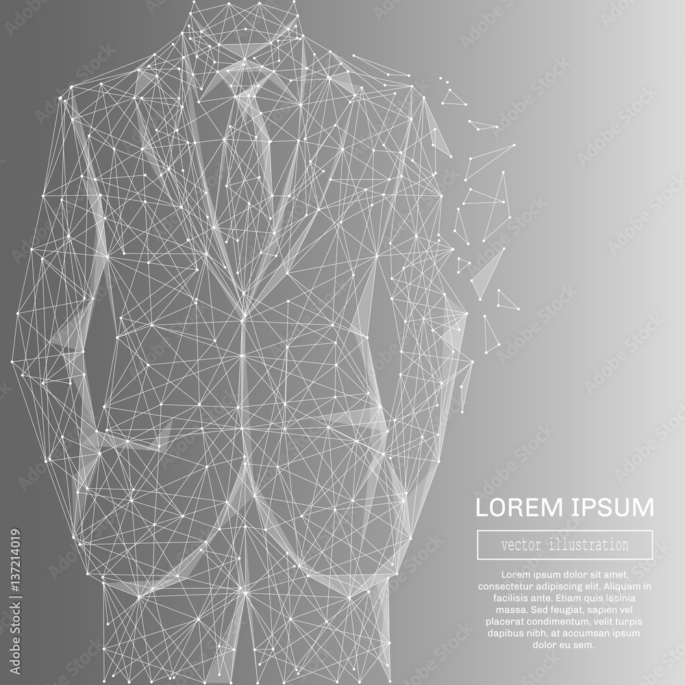 Aufkleber White abstract businessman in suit polygonal, geometry triangle. Light connection structure of coin. Low poly vector on gray background. Connection structure