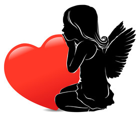 Sad girl angel and big red heart
