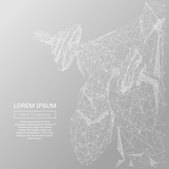 White abstract businessman with dumbbell polygonal, geometry triangle. Light connection structure of coin. Low poly vector on gray background. Connection structure