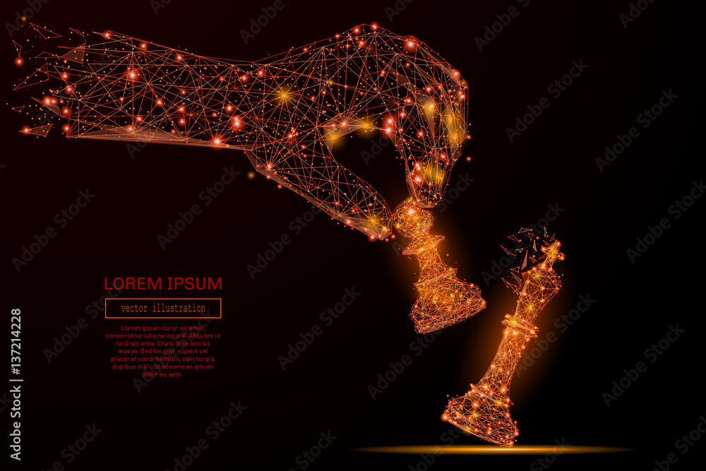 Poster abstract mash line and point hand holding chess pawn on background with an inscription. starry sky o