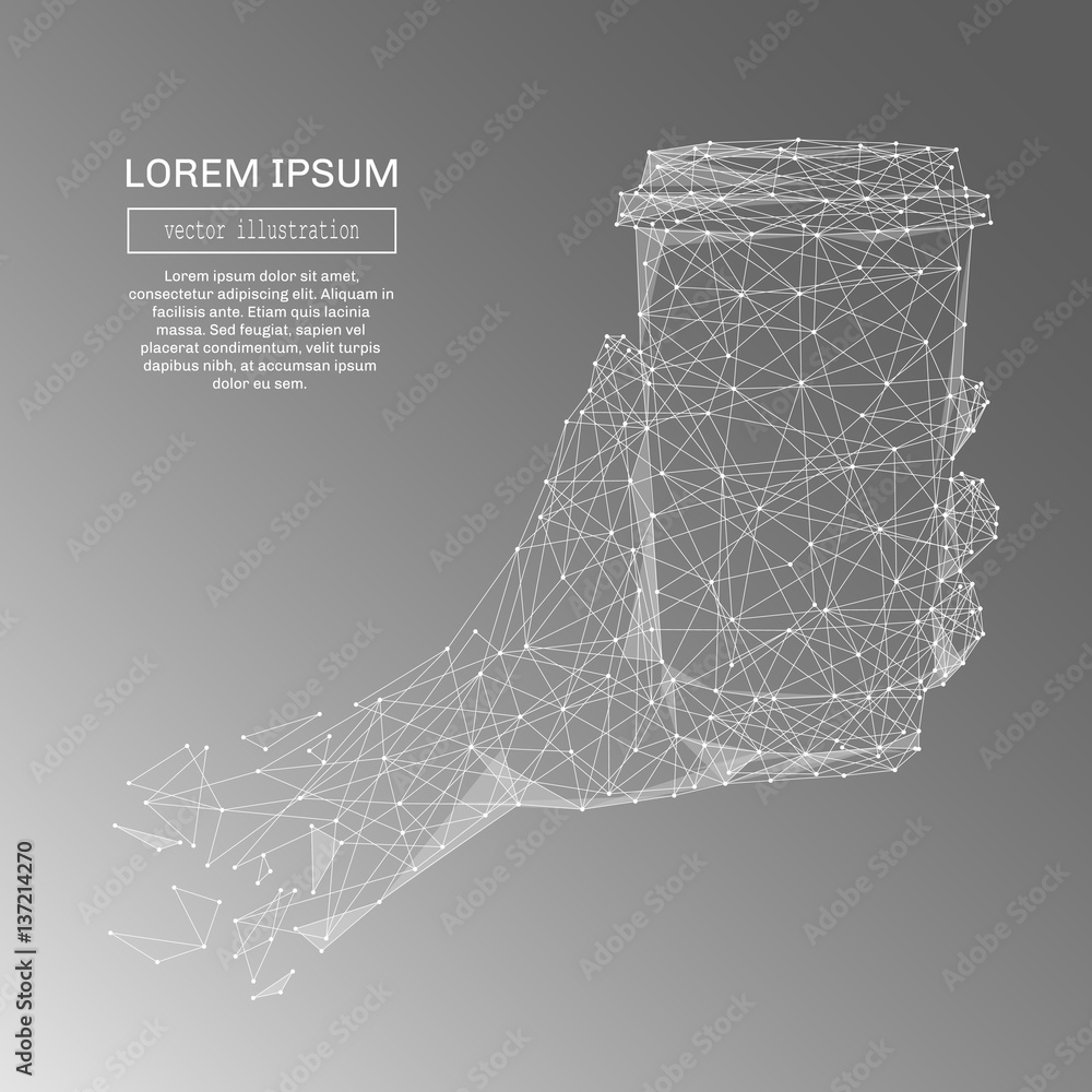 Poster White abstract hand with cofee polygonal, geometry triangle. Light connection structure of coin. Low poly vector on gray background. Connection structure