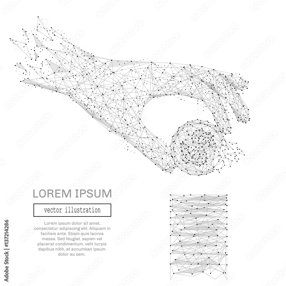 Poster Grey hand holding dollar coin with polygon line on abstract background. Polygonal space low poly with connecting dots and lines. Connection structure. Vector science background