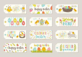 Naklejka premium Set of Easter gift tags and labels with cute cartoon characters and type design . Easter greetings with bunny, chickens, eggs and flowers. Vector illustration.