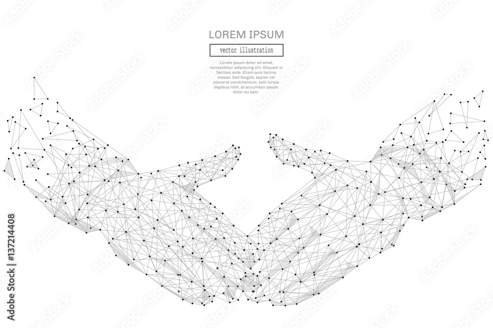 Poster Grey handshake with polygon line on abstract background. Polygonal space low poly with connecting dots and lines. Connection structure. Vector science background