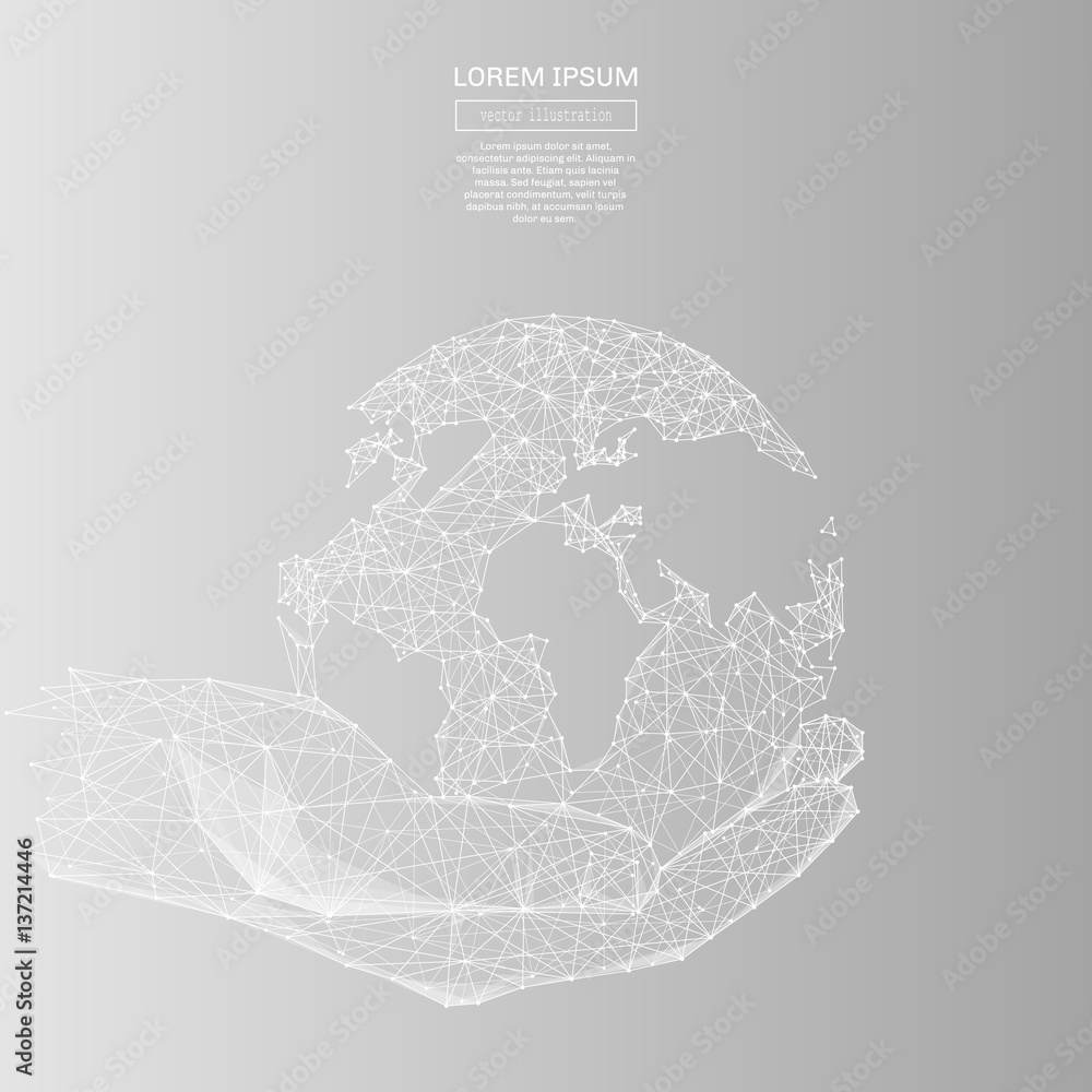 Aufkleber White abstract holding global in hands polygonal, geometry triangle. Light connection structure of coin. Low poly vector on gray background. Connection structure