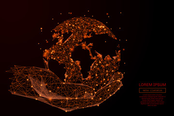 Abstract mash line and point holding global in hands on background with an inscription. Starry sky or space, consisting of stars and the universe. Vector illustration