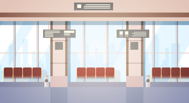 Airport Waiting Hall Departure Terminal Interior Check In Flat Vector Illustration