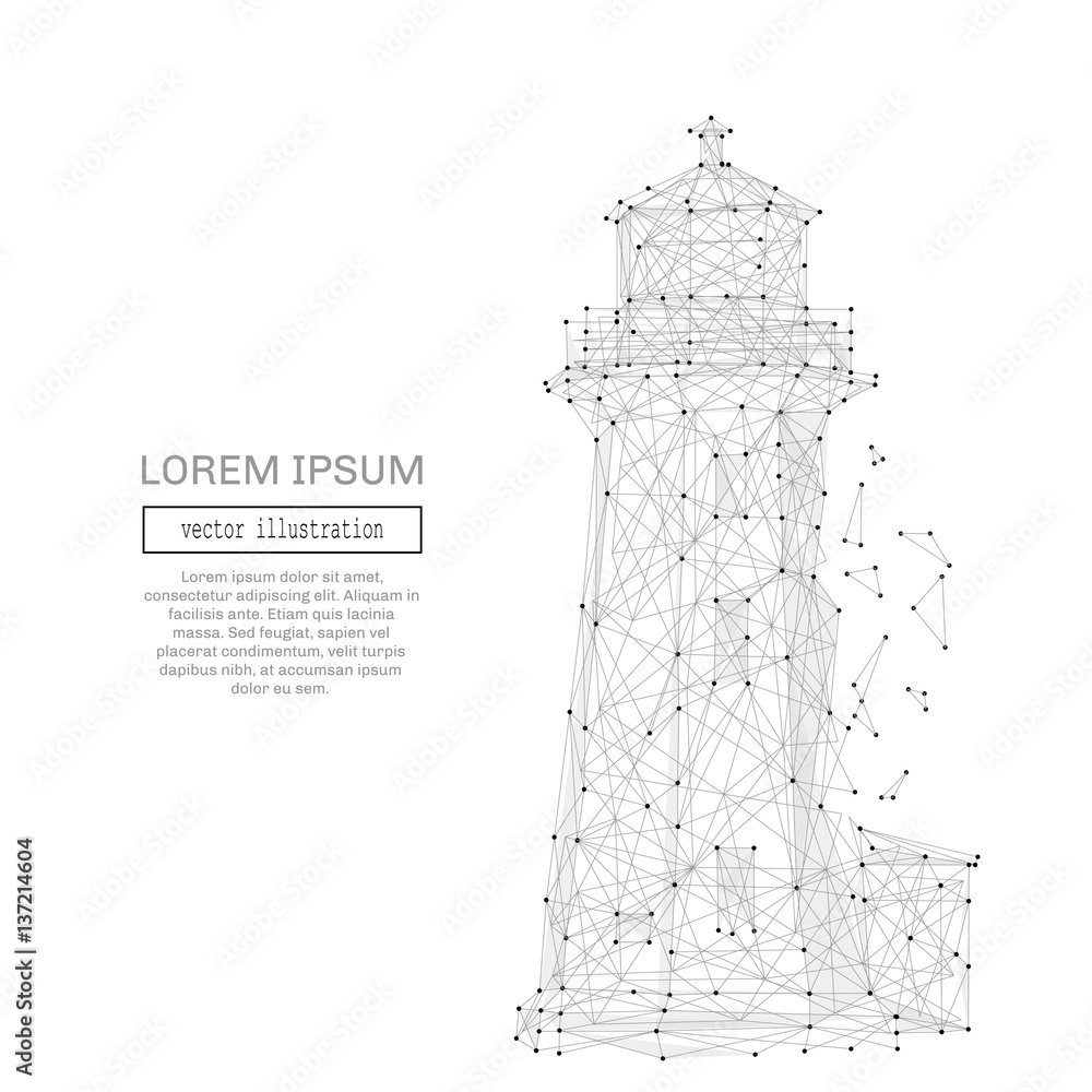 Poster Grey lighthouse with polygon line on abstract background. Polygonal space low poly with connecting dots and lines. Connection structure. Vector science background