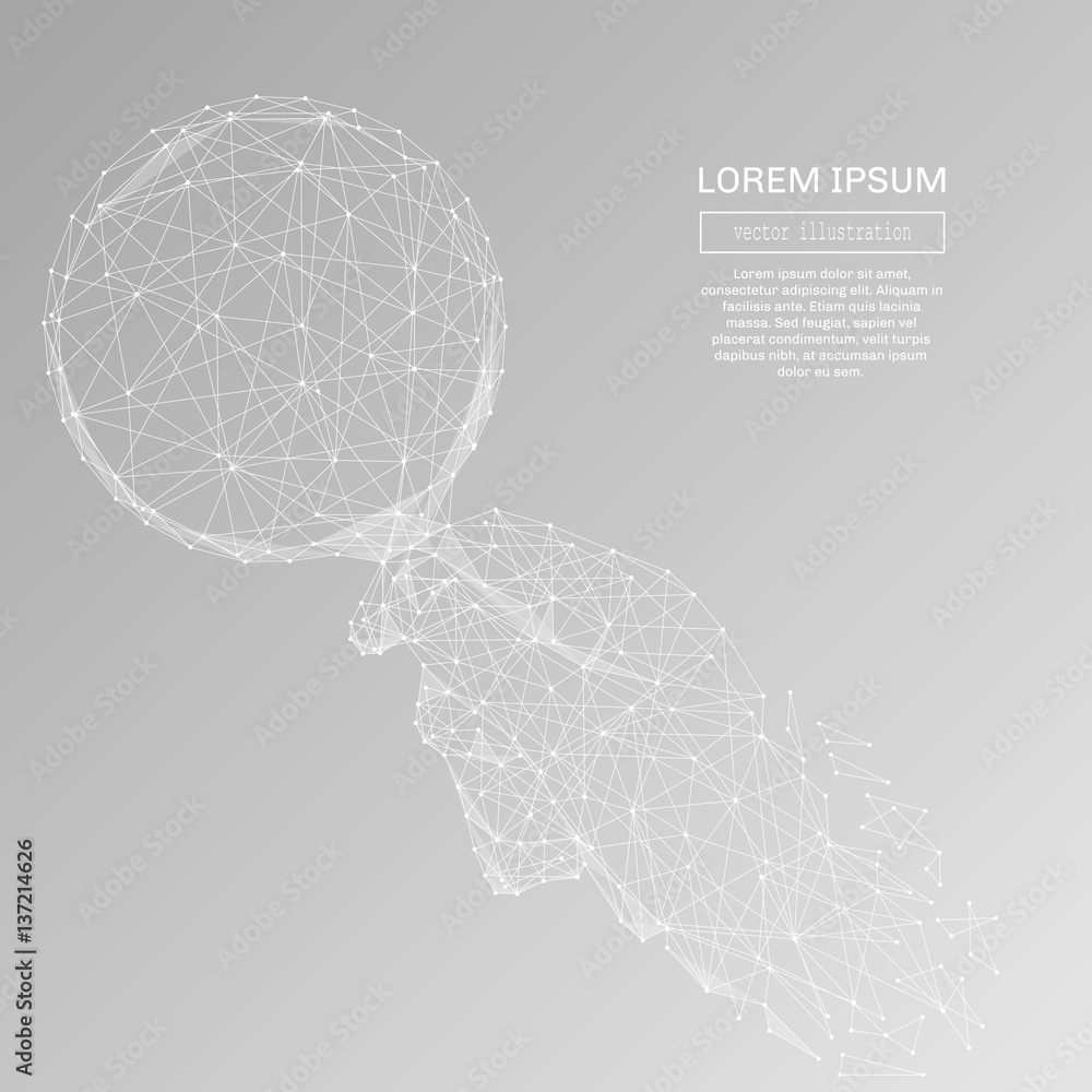 Poster White abstract magnifier on hand polygonal, geometry triangle. Light connection structure of coin. Low poly vector on gray background. Connection structure