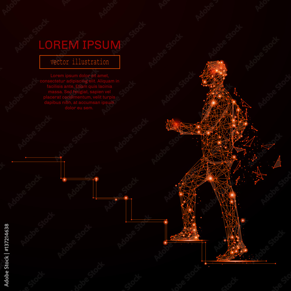 Poster abstract mash line and point man climb stairs on background with an inscription. starry sky or space
