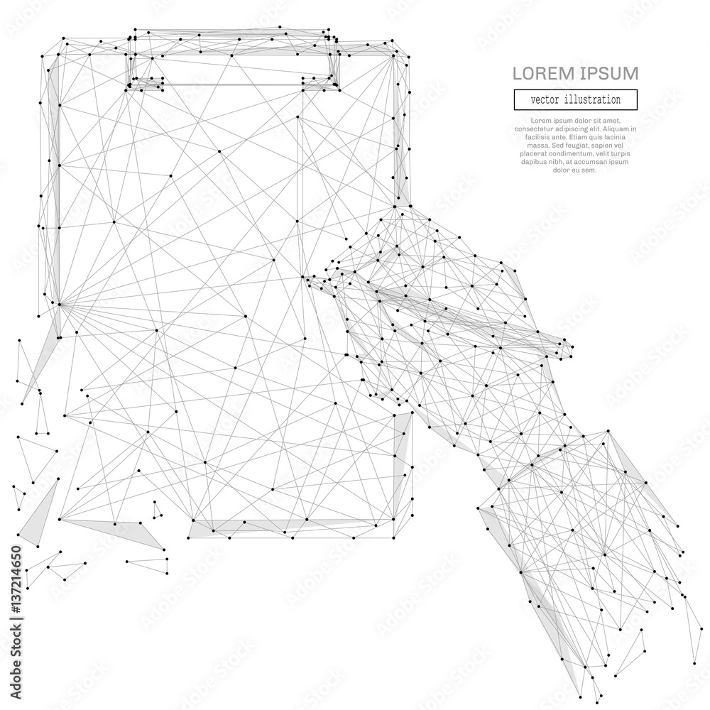Poster Grey man signs document with polygon line on abstract background. Polygonal space low poly with connecting dots and lines. Connection structure. Vector science background