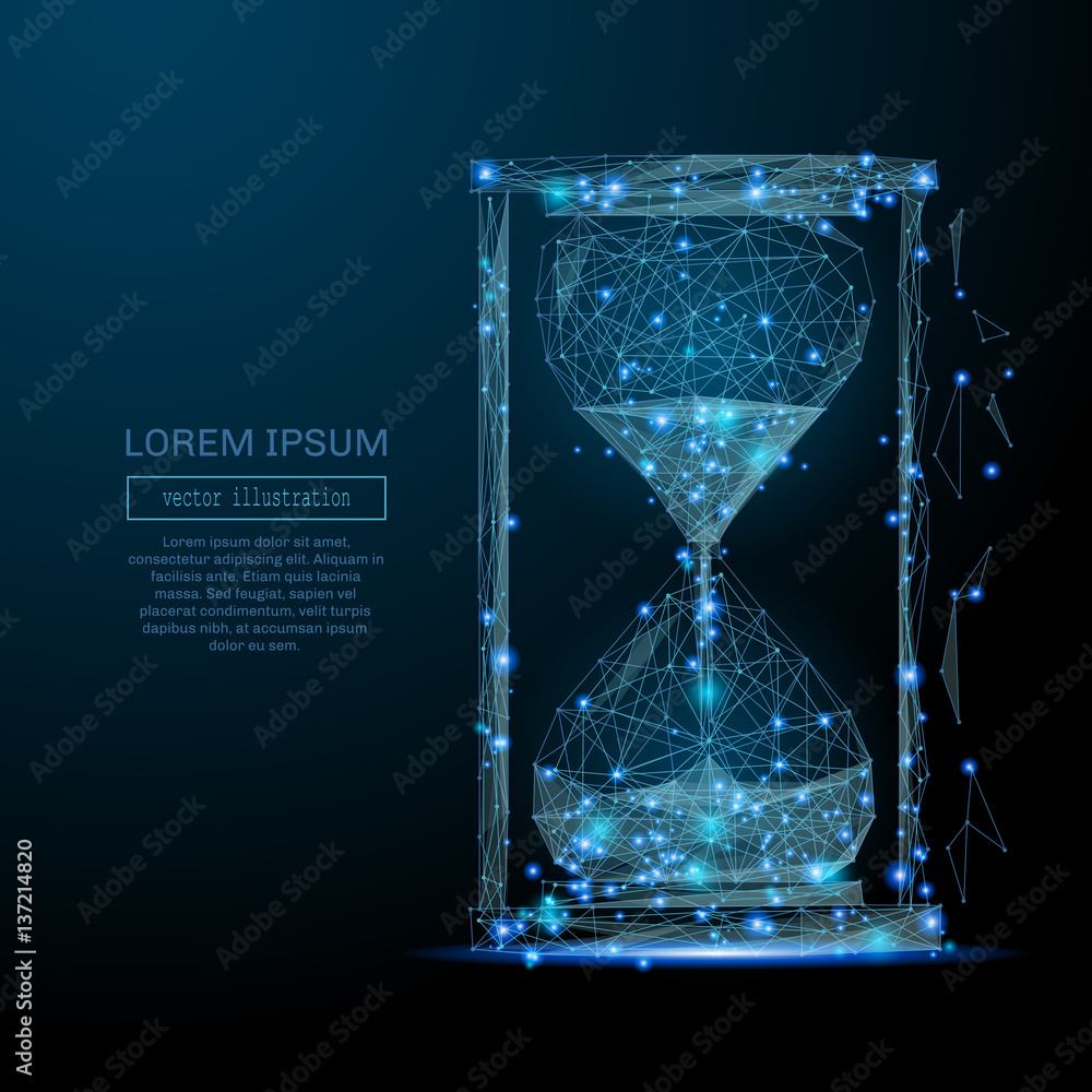 Poster Abstract image of a sand clock in the form of a starry sky or space, consisting of points, lines, and shapes in the form of planets, stars and the universe. Vector business