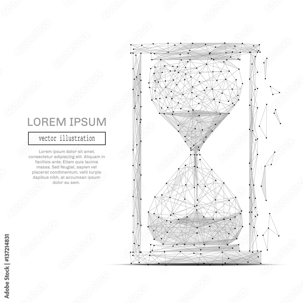 Poster Grey sand clock with polygon line on abstract background. Polygonal space low poly with connecting dots and lines. Connection structure. Vector science background