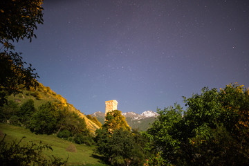 Naklejka premium Svan tower at night, Mestia, Svaneti Province, Republic of Georgia