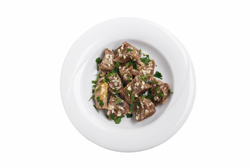 boiled meat with herbs and garlic khashlama traditional Georgian dish white background top view isolated