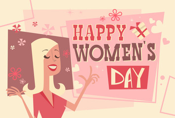 8 March International Women Day Greeting Card Retro Poster Vector Illustration
