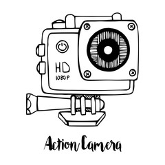 Sport camera, action camera isolated on white background. Vector illustration in sketch style.