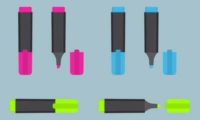 Permanent text highlight marker in three different colors: pink, blue, green. Office stationery.