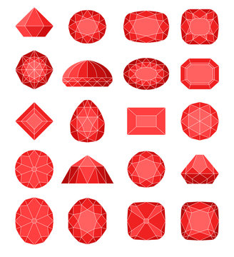 Diamond symbols. Red gems isolated on white background. Vector illustration.