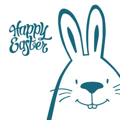 Сute and funny graphic bunny Easter postcard. Happy Easter lettering. Vector illustration.