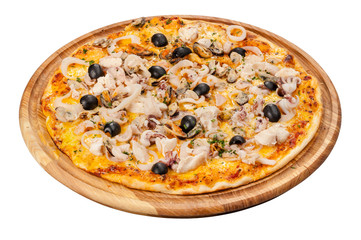 pizza on a wooden plate