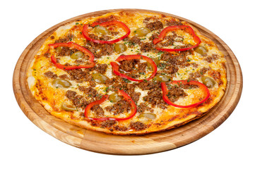 pizza on a wooden plate