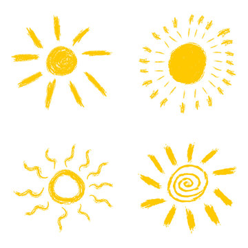 Set of hand drawn chalk sun icons. Vector illustration isolated on white background.