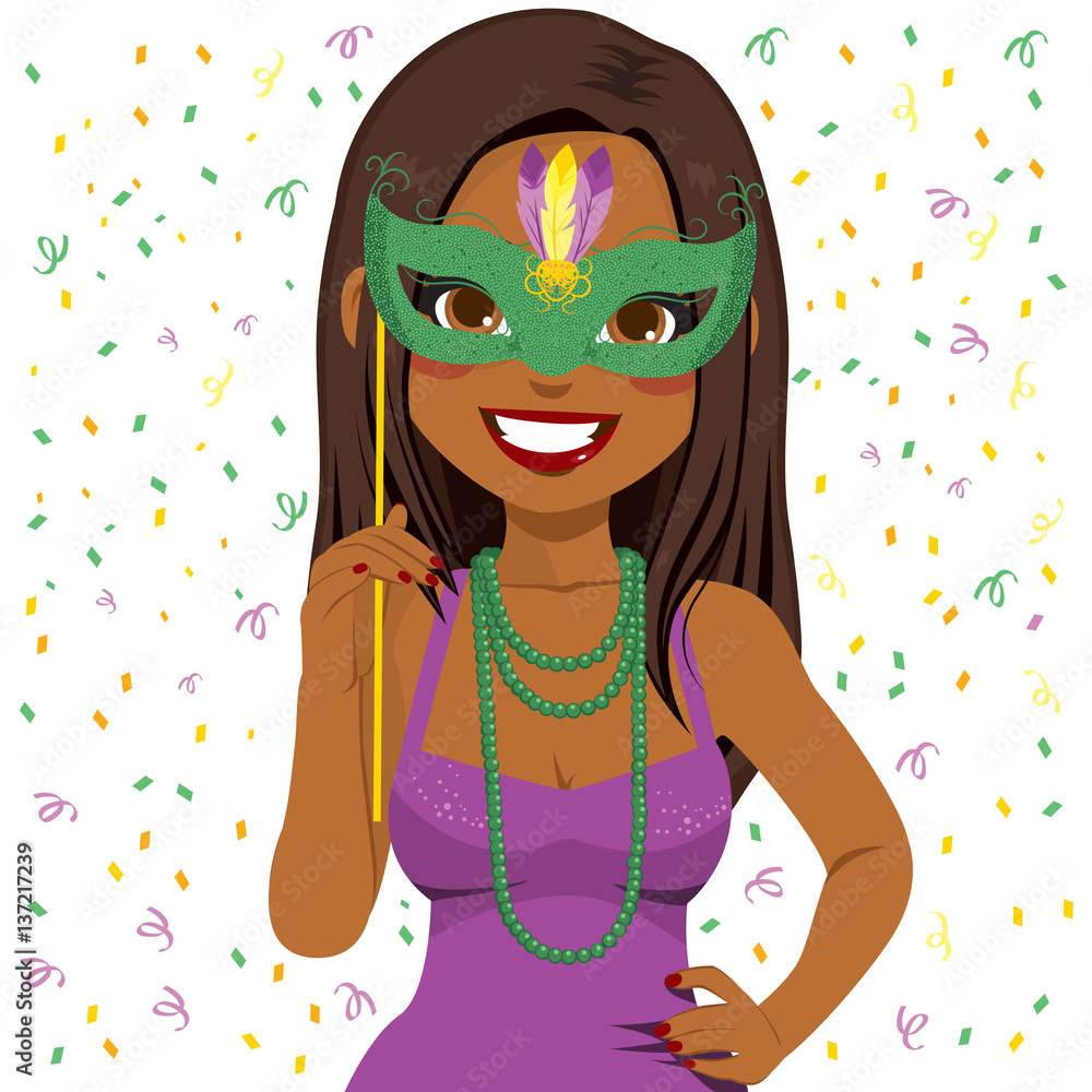 Wall mural beautiful young african american woman wearing mardi gras mask and beads