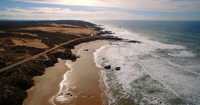Aerial, Flight Along The Beautiful Praia De Nossa Senhora, Portugal  - Graded and stabilized version. Watch also for the untouched, flat version
