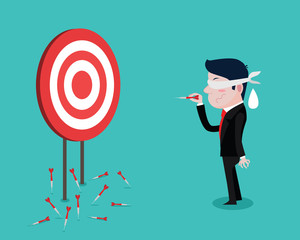 Businessman using a blindfold and hit darts target, Vector Cartoon