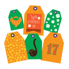 Set of Six different tags St. Patrick. They contain different holiday symbols hat boots, rainbow.