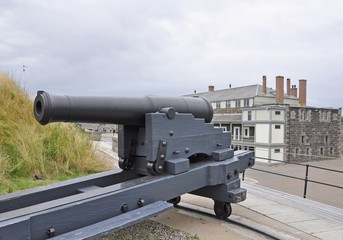 historic canon  with the  Fort Halifax Citadel  in the background, Nova Scotia Canada 
