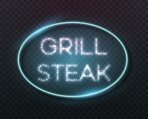 Illustration of Vector Neon Sign Icon. Grill Steak Bar Neon Frame. Vintage Glowing Neon Sign