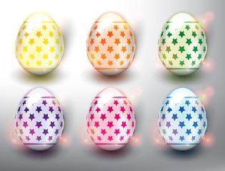 Set of 6 color Easter Eggs. Design elements for holiday cards. Easter collection. Colorful, glossy and isolated with realistic light and shadow on the light panel. Vector illustration. Eps10.