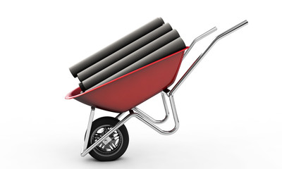 realistic 3d render of shovel  wheelbarrow on white background