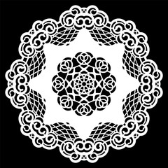 Lace round paper doily, lacy snowflake, greeting element,  template for cutting  plotter, round pattern, laser cut  template, doily to decorate the cake,  vector illustrations.