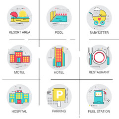 Hotel Building Restaurant Resort Area Hospital Pool Service Icon Set Vector Illustration