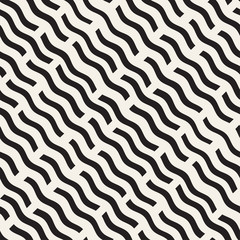 Hand Drawn Scattered Wavy Lines Monochrome Texture. Vector Seamless Black and White Pattern