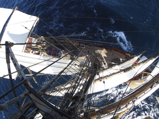 view from aloft on a tallship under full sail at sea