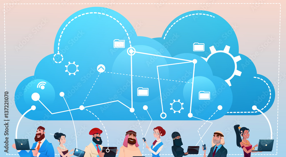 Aufkleber mix race people group using gadgets cloud database social network communication concept flat vector 