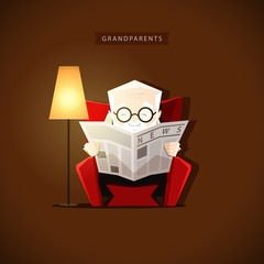 Grandpa sits in his chair near the floor lamp and reading a newspaper