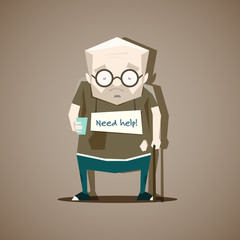Homeless man in old, tattered clothes with a sign "need help" - vector illustration