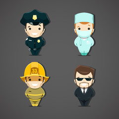Vector illustration of the policeman, firefighter, doctor, and secret service agent