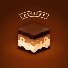 Vector illustration of the dessert with chocolate, nuts, caramel and the nougat