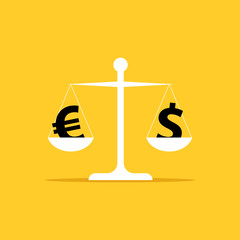 Vector illustration of scales with symbols of dollar and euro