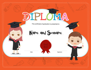 Colorful kids diploma certificate template in cartoon style with boy and girl wearing academic dress and graduation cap