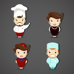 Vector set of different workers such as chief cook, doctor, actress and stewardess who standing in different poses