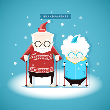 Vector illustration of the grandfather and grandmother on the skiing in winter