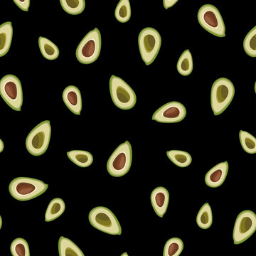 Avocado seamless pattern on black background. Hand drawn vector illustration. Organic food. Beautiful wrapping paper.